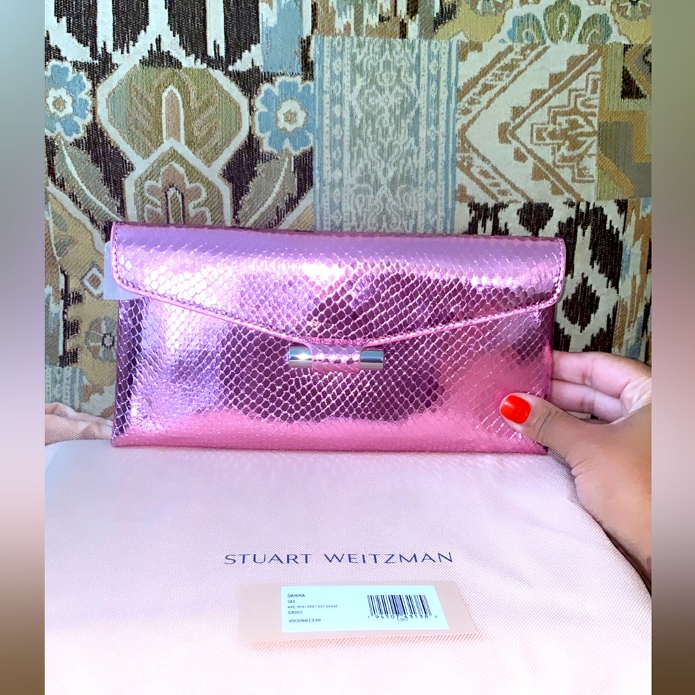 Stuart Weitzman Pink Metallic Snake Embossed Leather Clutch new